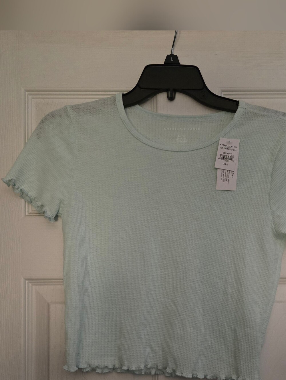 American Eagle Outfitters Mint Ribbed Lettuce-Edge Crop Tee